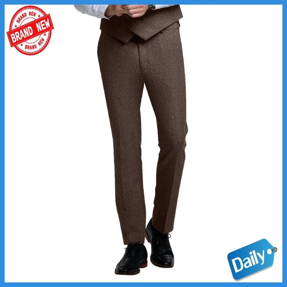 Men's Slim Fit Tweed Dress Pants with Expandable Waist for Business Casual